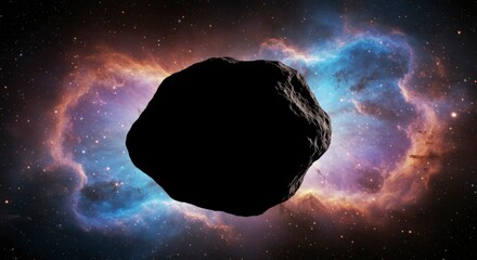 A dark asteroid floats amidst vibrant, swirling nebulae of blue and orange hues in the cosmos