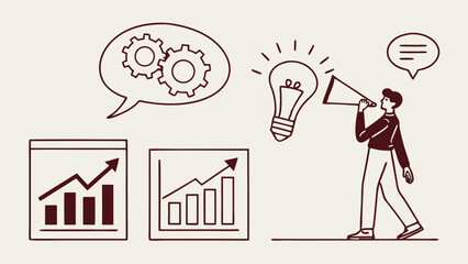 Poster - Illustration showing business growth charts, gears in a speech bubble, a lightbulb, and a person with a megaphone