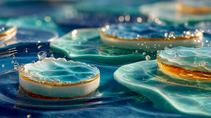 Poster - Blue liquid splashing dramatically inside a glass petri dish, surrounded by glistening drops and reflections