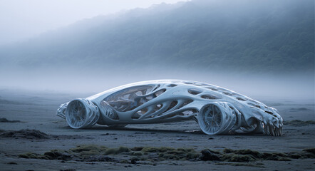 Aufkleber - A futuristic bioengineered vehicle stands on a misty terrain.
