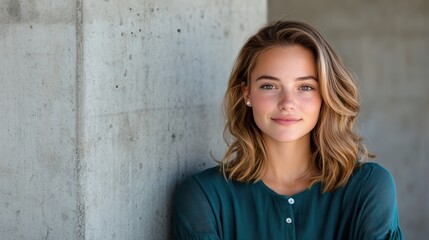 Poster - A portrait of a young woman with a soft smile, radiating confidence and warmth against a minimalist concrete background, embodying the essence of contemporary beauty and natural grace.