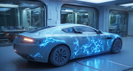 Aufkleber - A futuristic vehicle features a biotechnological design, with artificial biotissue and dynamic muscular patterns visible under blue lighting.