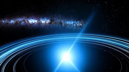 Wall Mural - Vibrant blue cosmic scene featuring a bright central star with swirling bands and a distant galaxy in a field of stars