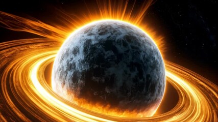 Wall Mural - Abstract planet with swirling, fiery rings emitting intense light and energy in dark outer space with distant stars