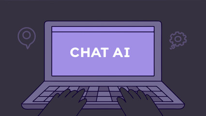Poster - Laptop displaying chat ai with hands typing on keyboard and icons in the background design element
