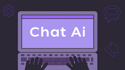 Poster - Laptop displaying chat ai with hands typing on keyboard and icons in the background design element