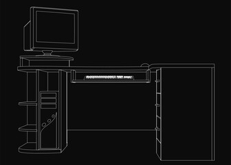 Fototapete - A computer desk with a monitor and keyboard. The desk is black and white. The monitor is on the left side of the desk