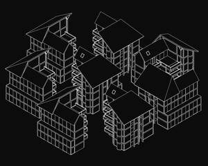 Poster - A group of buildings are shown in a black and white drawing. The buildings are all different sizes and shapes, with some having flat roofs and others having sloped roofs