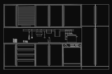 Poster - A kitchen with a refrigerator, oven, and sink. The refrigerator is on the right side of the image