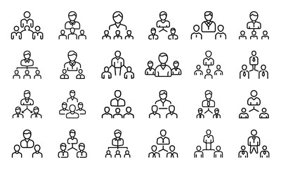 Poster - Collection of line art icons depicting organizational structures and hierarchies in business