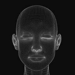 Poster - A close up of a face with a black background. The face is made up of a mesh of lines and dots. The image has a futuristic and abstract feel to it