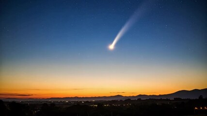 Wall Mural - Celestial landscape with a bright comet soaring across a starry blue sky over rolling hills during a vibrant orange sunrise glow