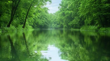 Poster - Serene Forest River: A tranquil river meanders through a lush forest, its surface mirroring the vibrant green canopy above, creating a scene of calm and natural beauty.