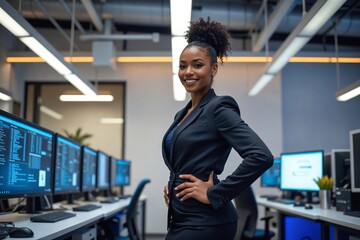 Bold Young African American Female AI Researcher in a Corporate Lab