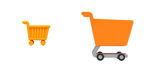 Two empty shopping trolleys one small and orange and one larger and orange isolated on transparent background displaying a conceptual shopping theme for retail or ecommerce use