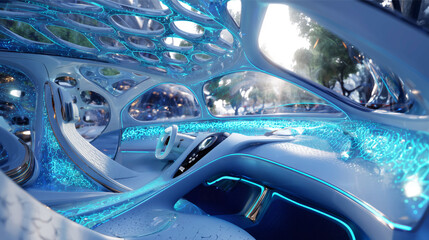 Aufkleber - A futuristic vehicle interior showcases an advanced design featuring organic shapes and vibrant blue bioluminescent details.