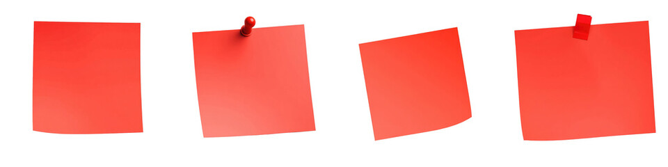Four red sticky note stickers displayed with different orientations and one with a push pin, isolated on a transparent background for clear visibility and use.