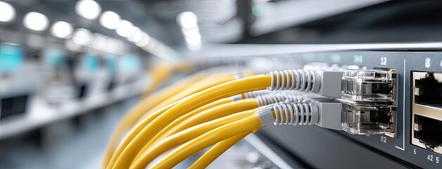 Poster - yellow network cables are connected to the back panel of a server rack in a dark setting, highlighti