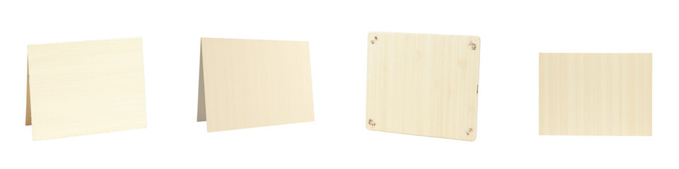 Blank wooden signboard in various positions with plain surface suitable for customization, isolated on transparent background for versatile use.
