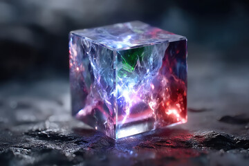 Poster - Colorful crystal cube reflecting light on a dark surface during artistic composition