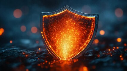 Poster - Digital Shield: Illustrative imagery shows a futuristic shield, emanating a fiery, protective energy. It represents security, resilience, and the protection of digital assets in a modern.
