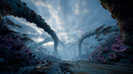 Poster - A bioengineer explores a surreal landscape where artificial biotissue intertwines with flora.