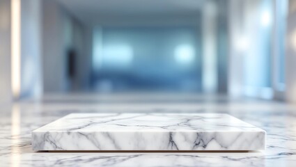 Poster - marble table background with blur business office hallway entrance.banner mockup for display of product