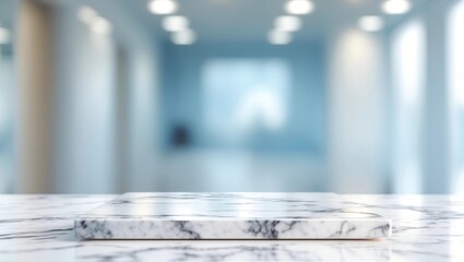 Poster - marble table background with blur business office hallway entrance.banner mockup for display of product
