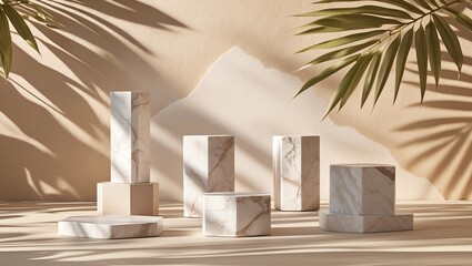 Leinwandbilder - Minimal mockup with premium podium made of natural stone slabs and palm-leaf shadows on the brown wall. 3d rendering illustration