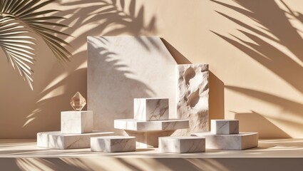 Leinwandbilder - Minimal mockup with premium podium made of natural stone slabs and palm-leaf shadows on the brown wall. 3d rendering illustration