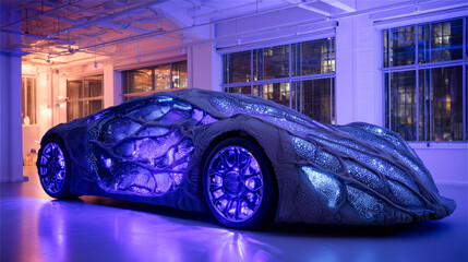 Aufkleber - A bioengineer presents a striking vehicle that uses artificial biotissue for muscular movement, illuminated by vibrant lights in a modern studio setting, emphasizing futuristic design and innovation.