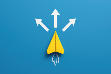 Poster - A vibrant concept progress and direction features a bright yellow paper airplane launching against a solid blue background symbolizing growth and strategic movement in business