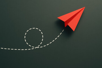 Poster - A red paper airplane symbolizes innovation and progress as it follows a dynamic dashed flight path against a dark background