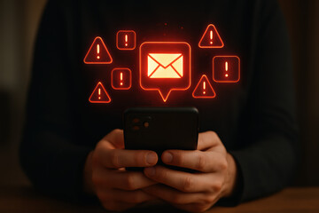 Poster - A person manages urgent communication notifications on a smartphone highlighting alert messages and data in a business context