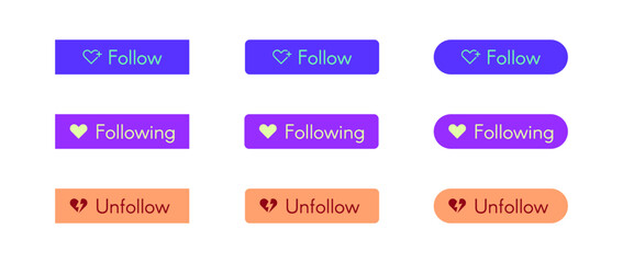 Fototapete - Follow, following, unfollow button icon set. Social media elements in different shapes. Subscribe app buttons. UI, UX design. Vector illustration