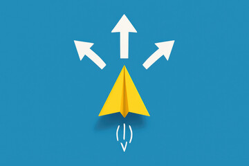Poster - A vibrant concept direction and growth is shown by a yellow paper plane ascending on a clean blue background symbolizing progress and choice in business