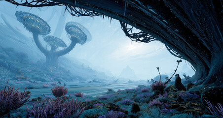 Aufkleber - In a striking landscape, a bioengineer has designed artificial biotissue resembling unique flora. Lush vegetation and oversized mushroom-like structures contribute to this imaginative environment.