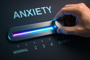 Poster - A adjusts a futuristic slider with glowing neon levels symbolizing the control and management anxiety intensity in modern settings
