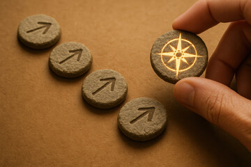 Poster - Strategic progress is symbolized by rough stepping stones engraved with directional symbols highlighting purposeful advancement in business