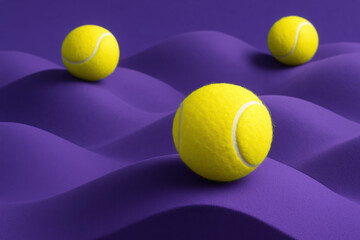 Poster - Innovation and creativity emerge as bright yellow tennis balls roll smoothly over abstract purple waves symbolizing dynamic progress and strategy