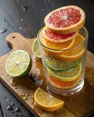 Poster - glass filled with ice cubes and slices of grapefruit, lime, and orange, with drops of water on surface.