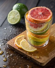 Aufkleber - Fresh citrus slices stacked in glass with sparkling water and wooden board on dark background