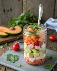 Poster -  Layered vegetable salad in mason jar with spoon and fresh ingredients on rustic background