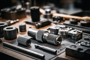 Poster - Precision-engineered metallic gears and components arranged on a workbench in a machine shop setting