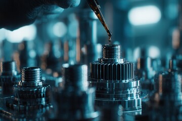 Poster - Oil drop falls onto precision machinery components in a well-lit workshop setting during the daytime