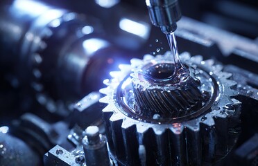 Poster - Precision lubrication of a gear component in an industrial setting with focused lighting and water droplets