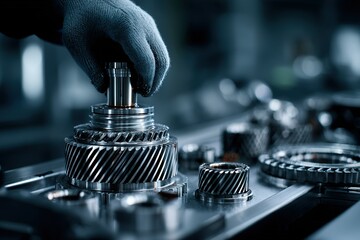 Poster - Precision assembly of mechanical gears in industrial workshop during evening hours