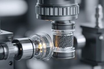 Poster - Close-up of precision machinery assembling a high-tech component in a modern manufacturing facility