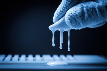 Poster - Dripping white liquid from a gloved hand in a dimly lit setting, showcasing fluid motion and textures