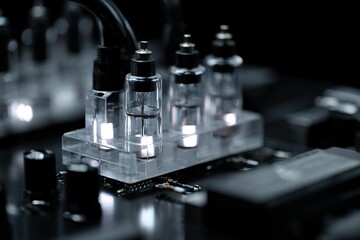 Poster - Tubular electronic components illuminated on a circuit board in a dark setting showcasing technology detail